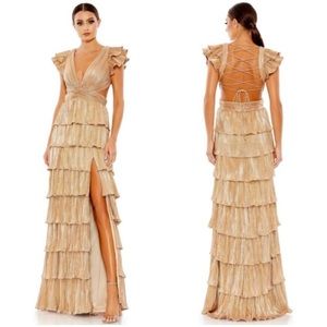Mac Duggal Ruffle Tiered Criss Cross Lace Up
Gown Maxi Dress 26740 Gold Size 6
